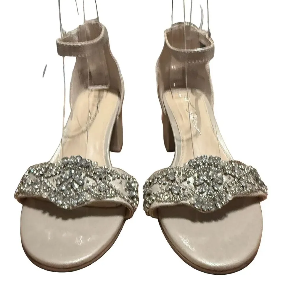 Betsey Johnson Mel Champagne Rhinestone Ankle Strap Block Heel Sandals Shoes 6.5